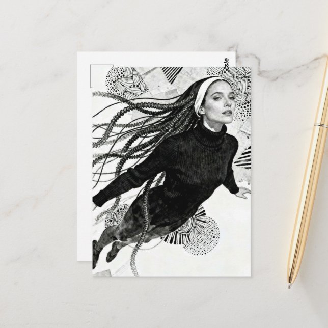 Carte Postale Nonne noire et blanche qui vole (Devant/Arrière en situation)