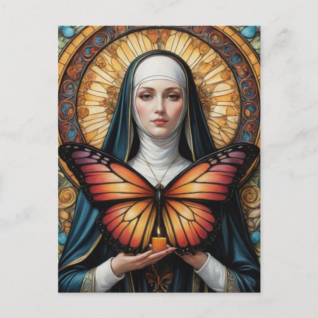 Carte Postale Nonne papillon tenant une bougie (Devant)