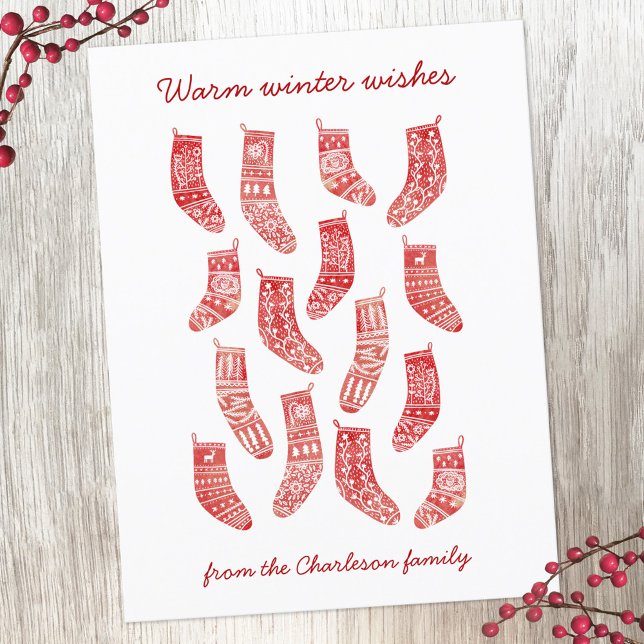 Carte postale Nordic Christmas Stockings (Nordic Christmas Stockings red and white personalized holiday postcard)
