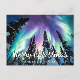 Carte Postale Northern Lights Winter Forest Joyeux Noël