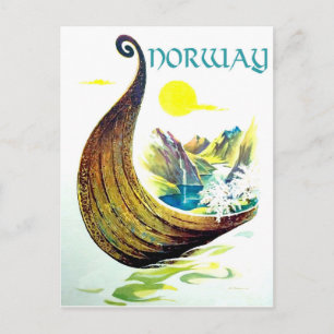 Carte Postale Norvège, bateau viking dans les fjords, voyage vin