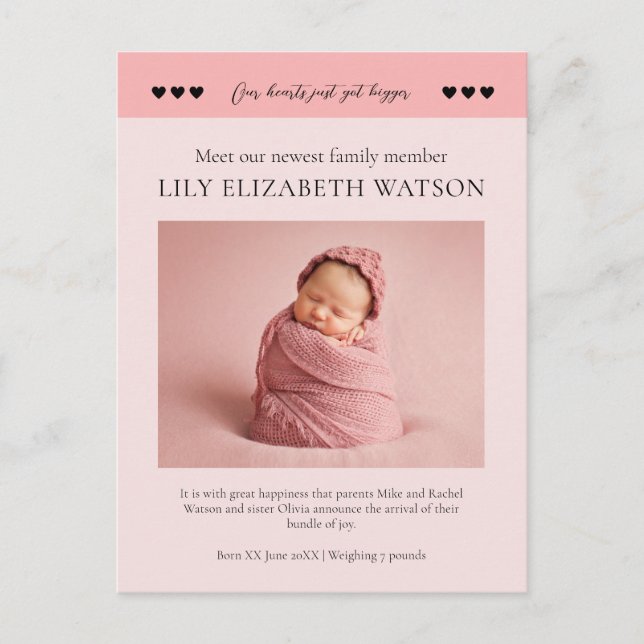 Carte Postale Nos coeurs sont devenus plus gros, Baby Faire-part (Devant)