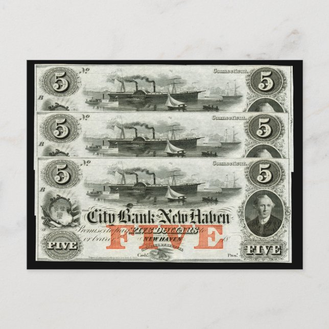 Carte Postale Note de cinq dollars de New Haven 1855 (Devant)