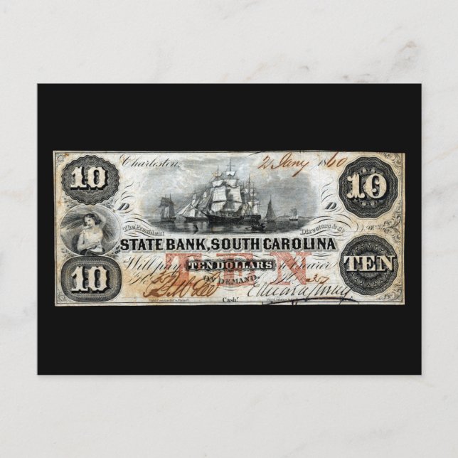 Carte Postale Note de dix dollars de 1860 en Caroline du Sud (Devant)