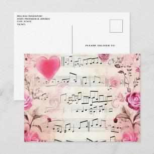 Carte Postale Notes de musique et roses design vintage