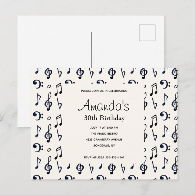 Carte Postale Notes musicales mignonnes Motif Invitation d'anniv (Devant / Derrière)