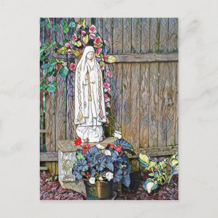 Carte Postale Notre-Dame de Fatima avec des fleurs à la clôture
