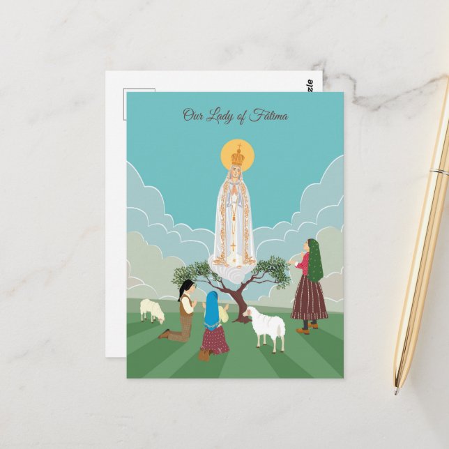 Carte Postale Notre-Dame de Fatima et les trois bergers (Devant/Arrière en situation)