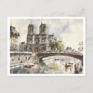 Carte Postale Notre Dame, Paris France Aquarelle, 1962