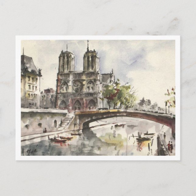 Carte Postale Notre Dame, Paris France Aquarelle, 1962 (Devant)