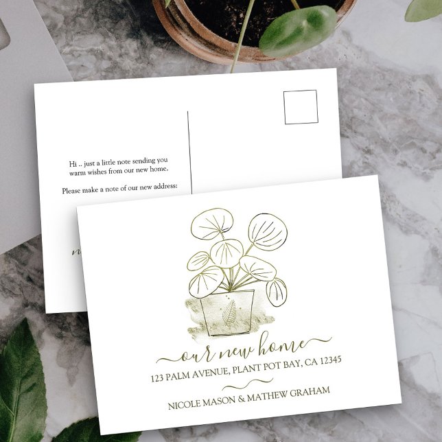 Carte Postale Notre nouveau Plante d'argent à domicile Moving Fa (New Address postcard with elegant minimalist potted plant design)