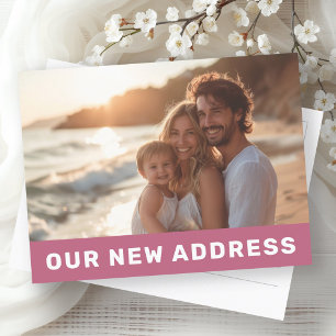 Carte Postale Notre nouvelle adresse moderne rose mauve photo mo