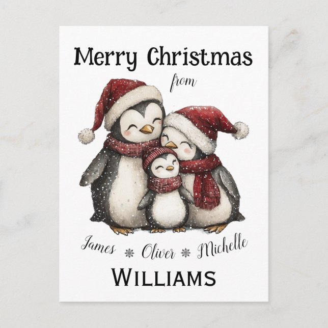 Carte Postale Notre premier Noël en famille de trois pingouins (Devant)
