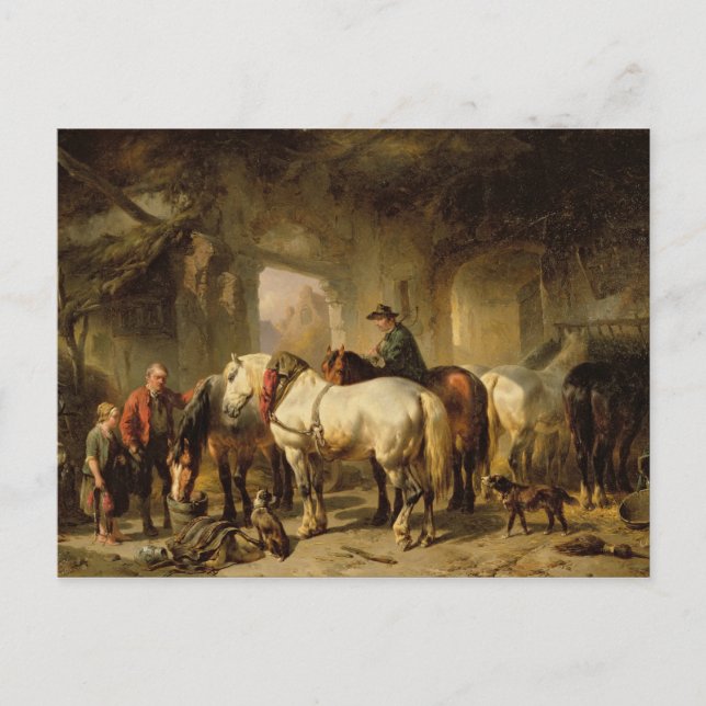 Carte Postale Nourrir les chevaux dans la stabilité (Devant)