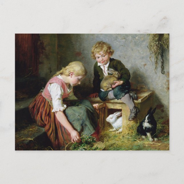 Carte Postale Nourrir les lapins (Devant)