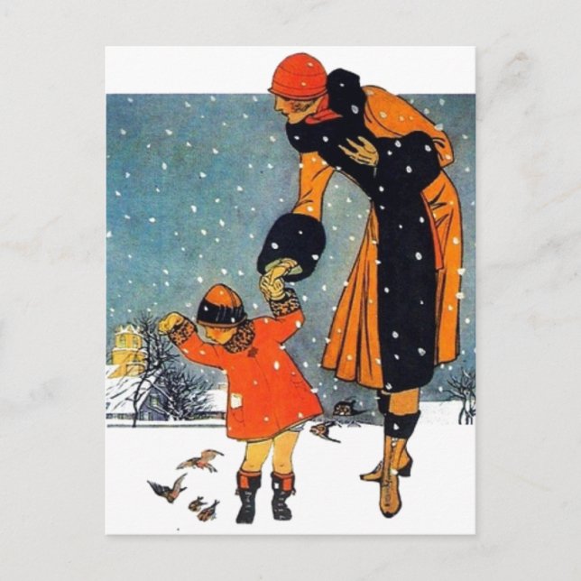 Carte Postale Nourrir les oiseaux dans la neige (Devant)
