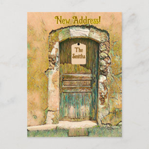 CARTE POSTALE NOUS AVONS DÉMÉNAGÉ ! PORTE EN BOIS PEINT RUSTIQU