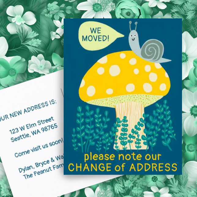 Carte Postale NOUS AVONS DÉMÉNAGÉ Whimsical Snail Magical Mushro (Moving announcement address change new home postcard with cute funny snail and mushroom. Customize!)