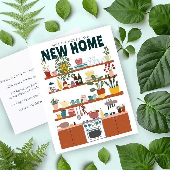 Carte Postale Nous Avons Déplacé Adresse Changer Cute Kitchen Ar (New home announcement address change postcard with cute kitchen illustration. Customize the text)