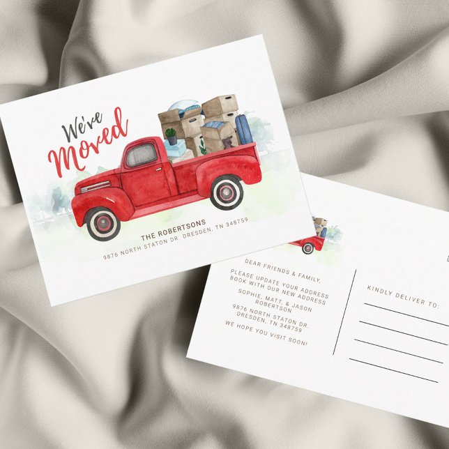 Carte Postale Nous avons déplacé la Faire-part de déplacement de (We Have Moved Address Watercolor Red Truck Moving Announcement Postcard)