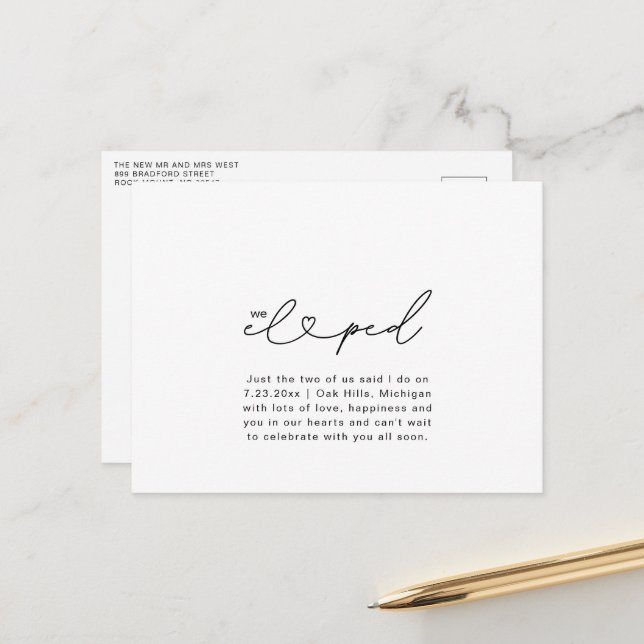 Carte Postale Nous Avons Elopé Script Heart Chic Mariage Photo C (Devant/Arrière en situation)