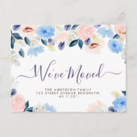 Nous avons Moved script bleu pastel floral Nouveau