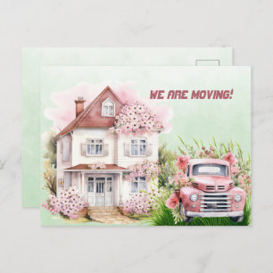 Carte Postale Nous déménageons Camion Vintage Rose et Maison