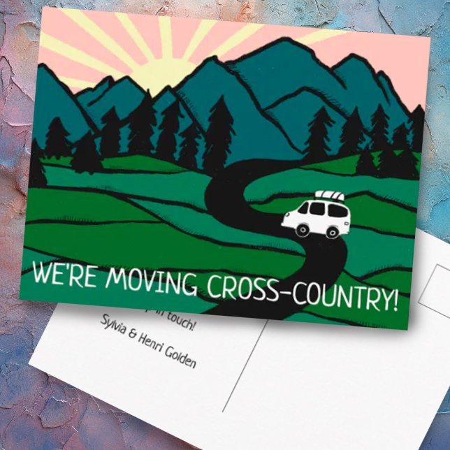 Carte Postale Nous sommes Moving Van Mountains Vanlife Sunrise (Let people know you are moving with this cute van in the mountains custom postcard)