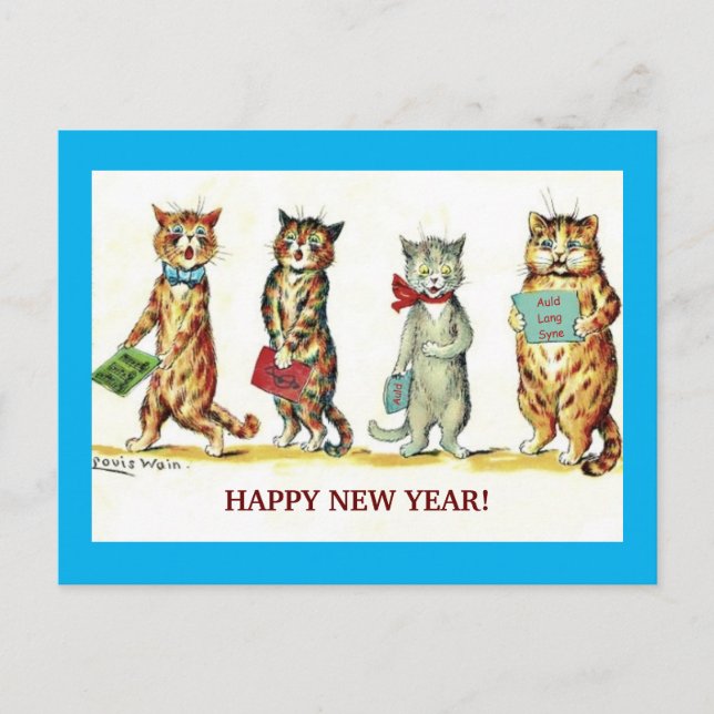 Carte Postale Nouveau An Chats Chanter Auld Lang Syne, Fun Vinta (Devant)