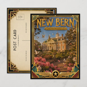 Carte Postale Nouveau Bern Caroline du Nord Art Déco Doré Vintag