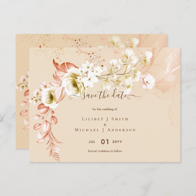 Carte Postale NOUVEAU ! Boho Floral Mariage Dates à Sauvegarder (Devant / Derrière)