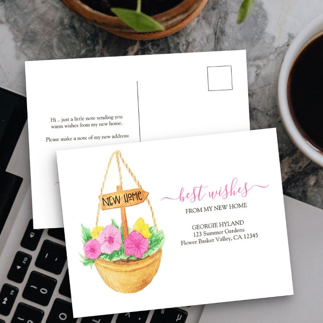 Carte Postale Nouveau Faire-part de déplacement du panier à accr (New Address postcard with hanging basket of flowers)