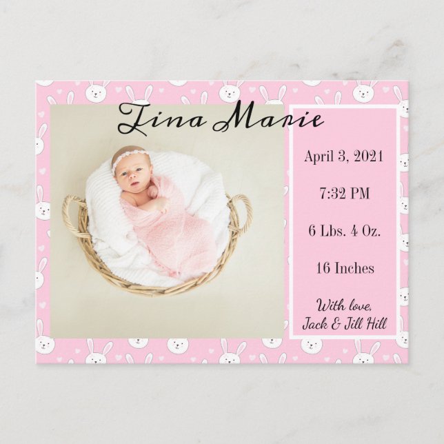 Carte Postale Nouveau lapin lapin de Faire-part de naissance béb (Devant)