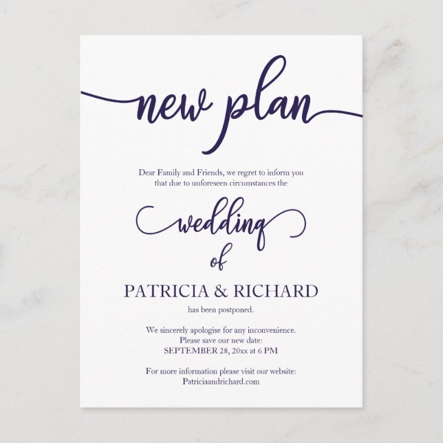 Carte Postale Nouveau plan report de mariage Navy Blue Script (Devant)