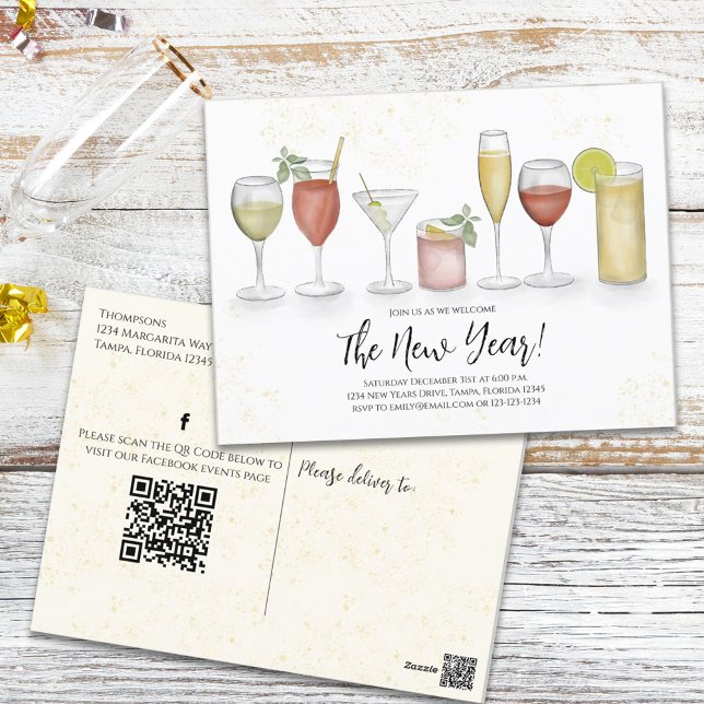 Carte Postale Nouvel An Cocktail Boissons QR Code Événements (Créateur téléchargé)