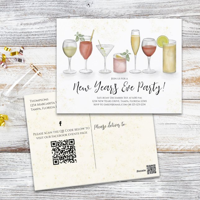 Carte Postale Nouvel An Cocktail Boissons QR Code Événements (Créateur téléchargé)
