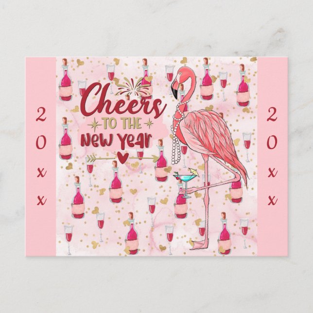 Carte Postale Nouvel An Flamant rose rose mignon Champagne (Devant)