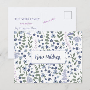 Carte Postale Nouvelle adresse aquarelle florale bleue et lavand