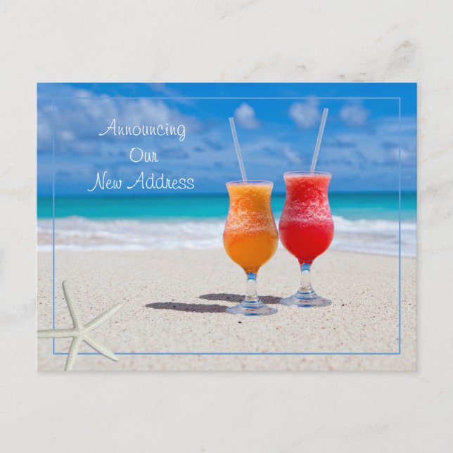 Carte Postale Nouvelle Adresse Cocktails de plage dans le sable (Devant)