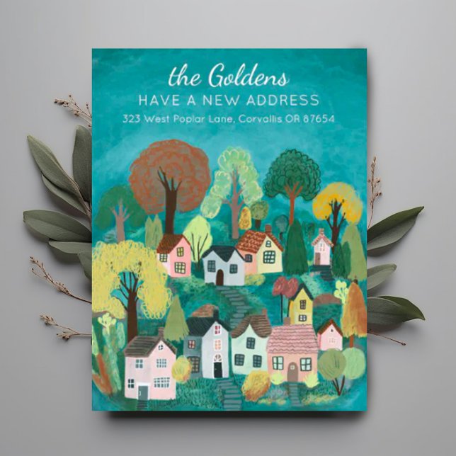 Carte Postale Nouvelle adresse de résidence Déménagement Mignon  (Moving announcement address change custom postcard with cute charming village illustration. )