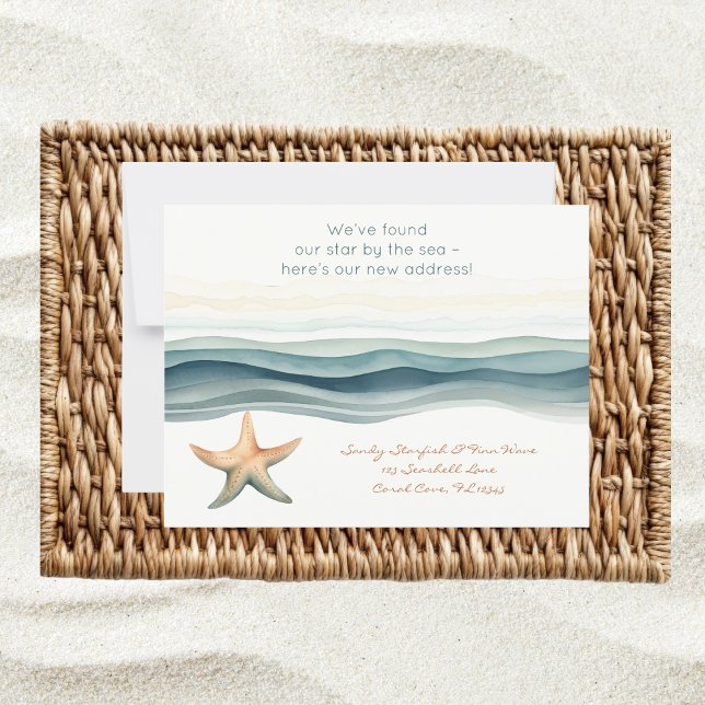 Carte Postale Nouvelle adresse élégante (New address postcard with watercolor coastal sea star design – personalize with your details)