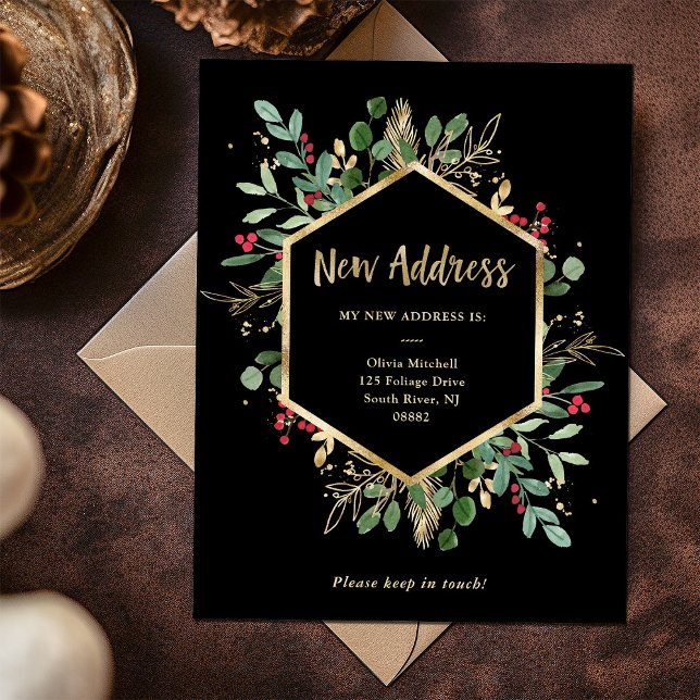 Carte Postale Nouvelle adresse | Noël Vert doré Noir (Gilded greenery on black holiday change of address postcard)