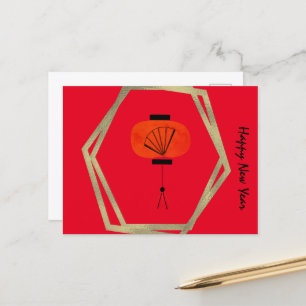 Carte Postale Nouvelle Année Chinoise Lanterne Éventail Rouge Or
