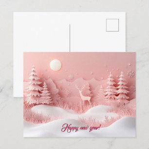 Carte Postale Nouvelle année rose Forêt neigeuse