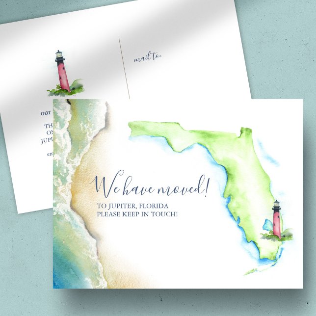 Carte Postale Nouvelle annonce de déménagement à Jupiter en Flor (New home Florida state moving announcements watercolor map and lighthouse art Victoria Grigaliunas)