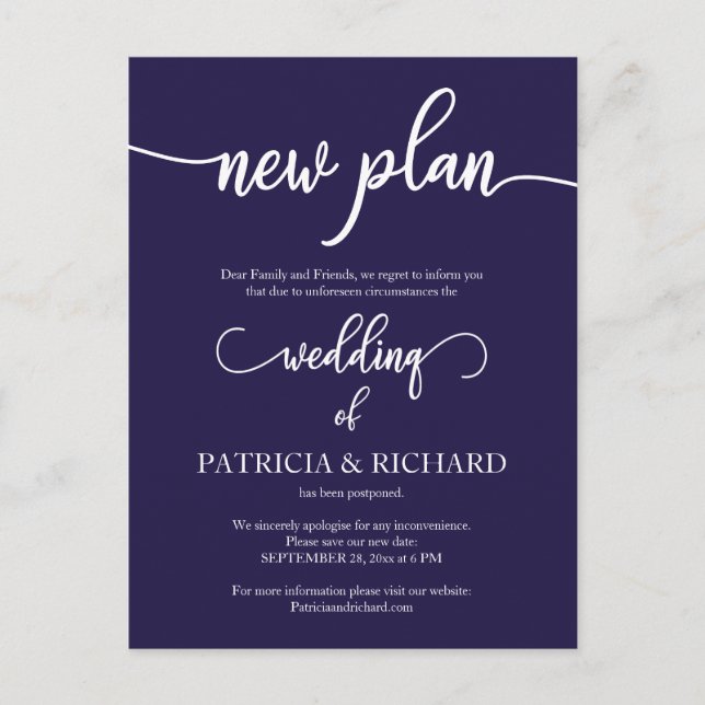 Carte Postale Nouvelle annonce de report de mariage Plan Navy Bl (Devant)