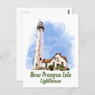 Carte Postale Nouvelle aquarelle du phare de Presque Isle - Mich