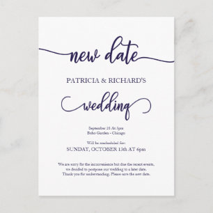 Carte Postale Nouvelle date de mariage reportée Navy Blue Script