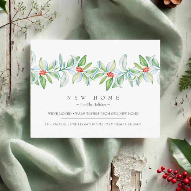 Carte Postale Nouvelle Maison Pour Les Vacances Faire-part En Mo (New home Christmas postcards watercolor holiday botanical art by Victoria Grigaliunas VG Invites)