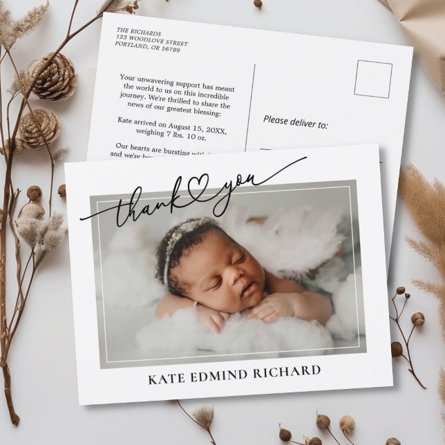 Carte Postale Nouvelle photo de bébé Script d'annonce de naissan (Créateur téléchargé)